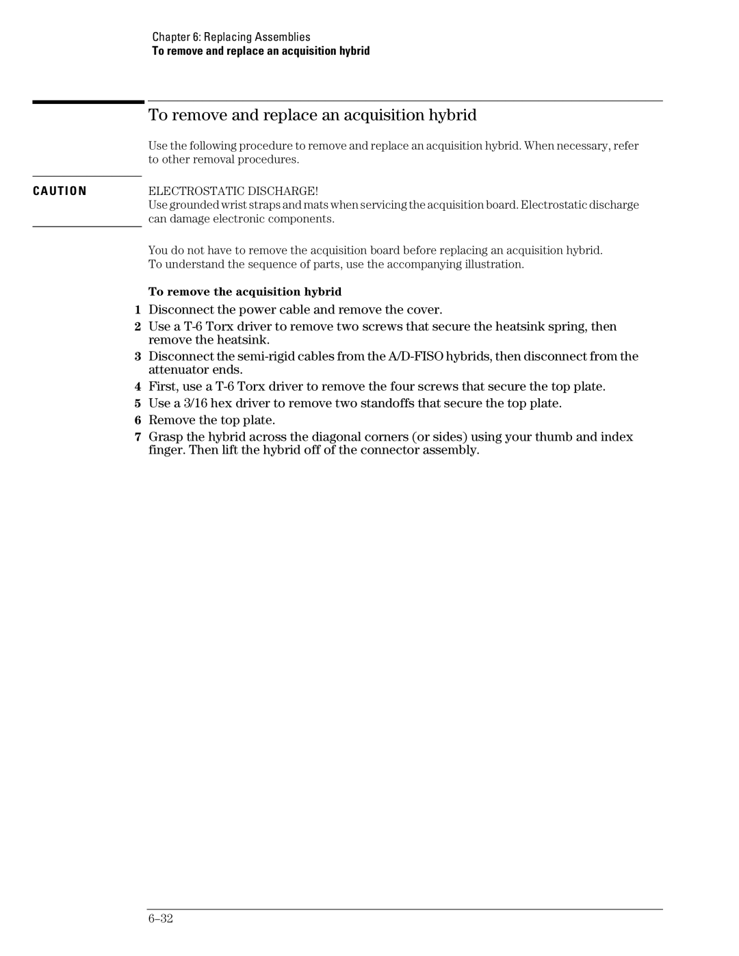 Agilent Technologies 46A, 45A, 54835A manual To remove and replace an acquisition hybrid, To remove the acquisition hybrid 