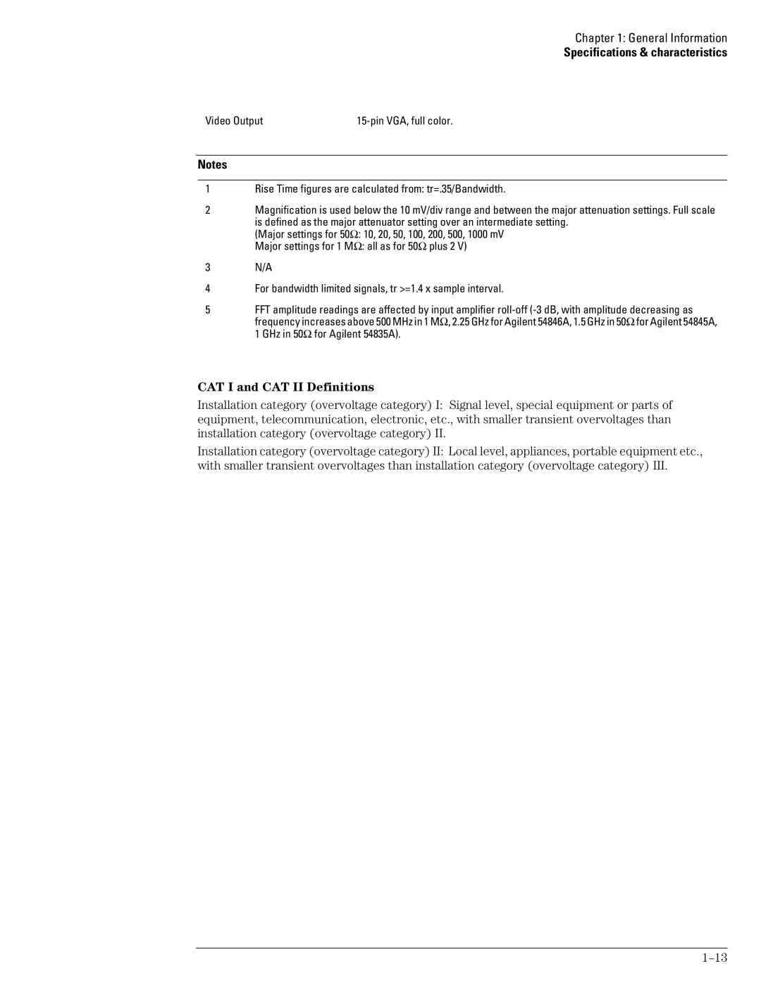 Agilent Technologies 54835A, 45A, 46A manual CAT I and CAT II Definitions, Video Output 