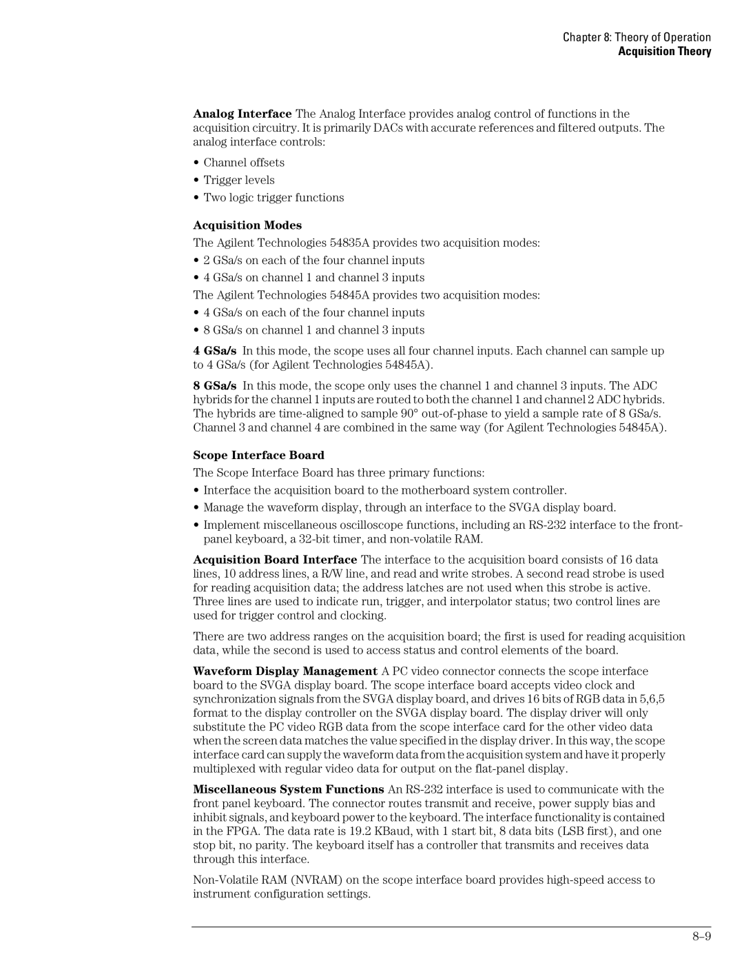 Agilent Technologies 46A, 45A, 54835A manual Acquisition Modes, Scope Interface Board 