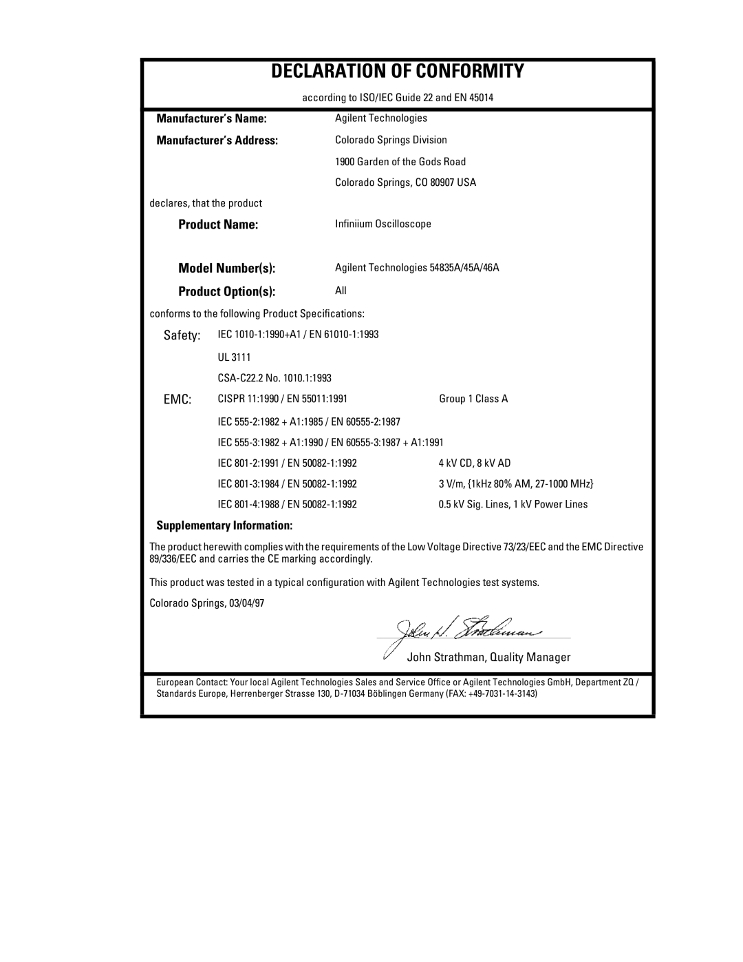 Agilent Technologies 45A, 46A, 54835A manual Manufacturer’s Name, Manufacturer’s Address, Supplementary Information 