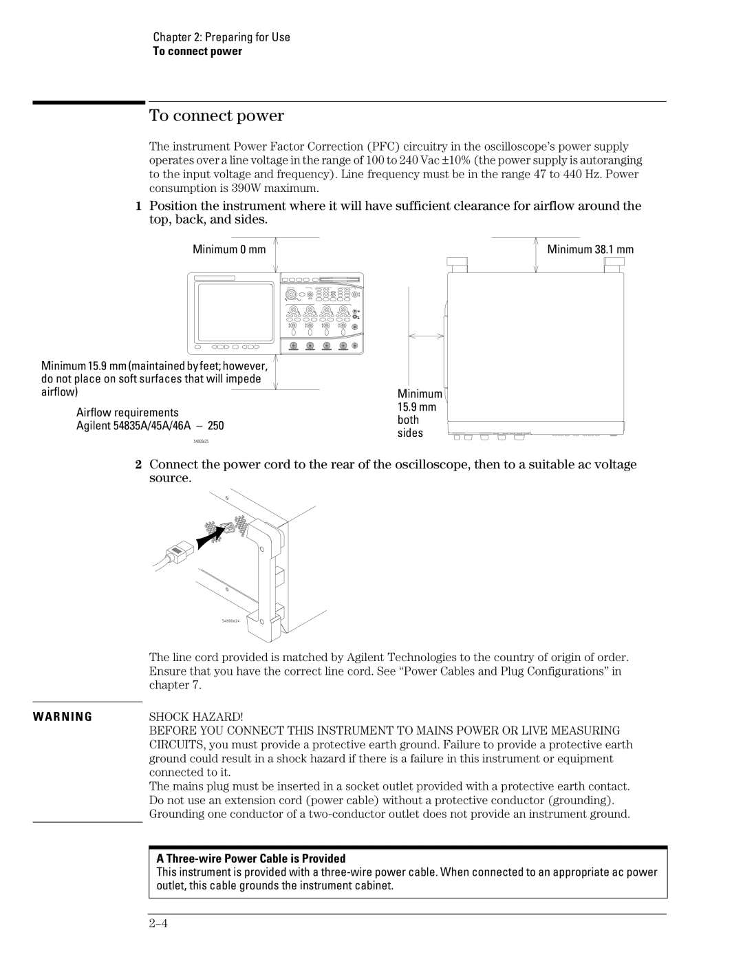 Agilent Technologies 45A, 46A, 54835A manual To connect power, Three-wire Power Cable is Provided 