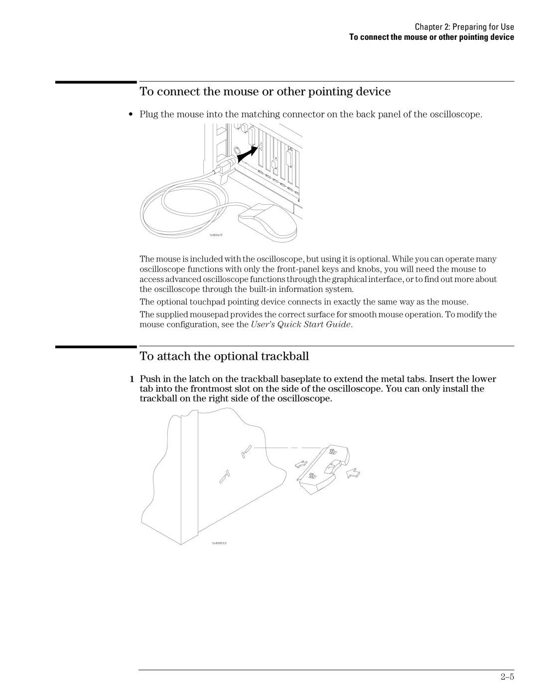 Agilent Technologies 46A, 45A, 54835A manual To connect the mouse or other pointing device, To attach the optional trackball 