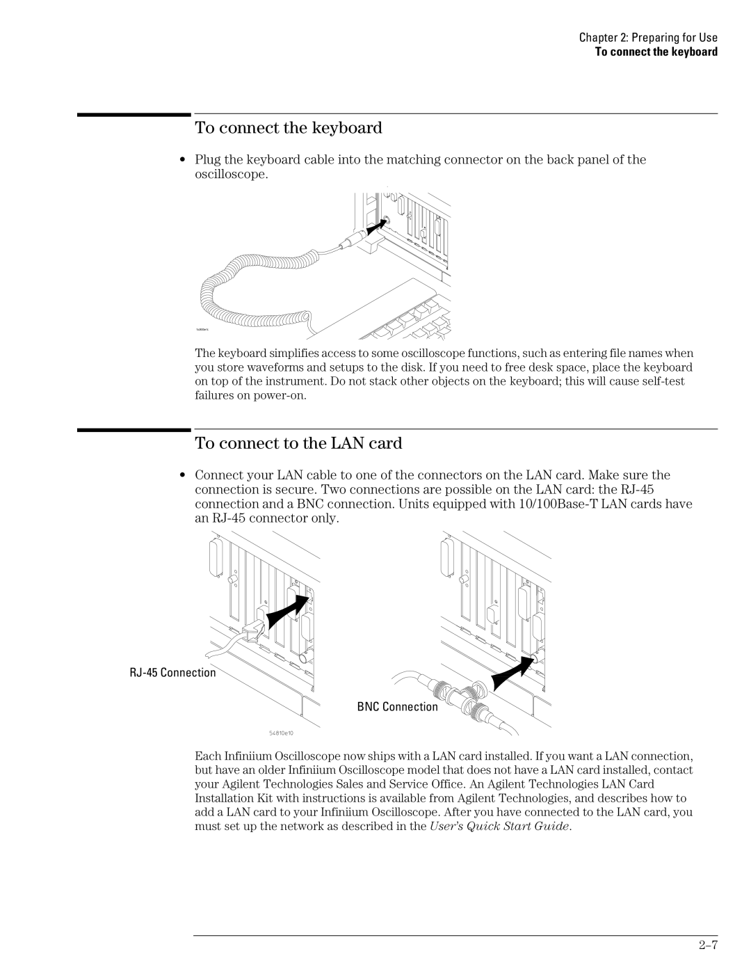 Agilent Technologies 45A, 46A, 54835A manual To connect the keyboard, To connect to the LAN card 