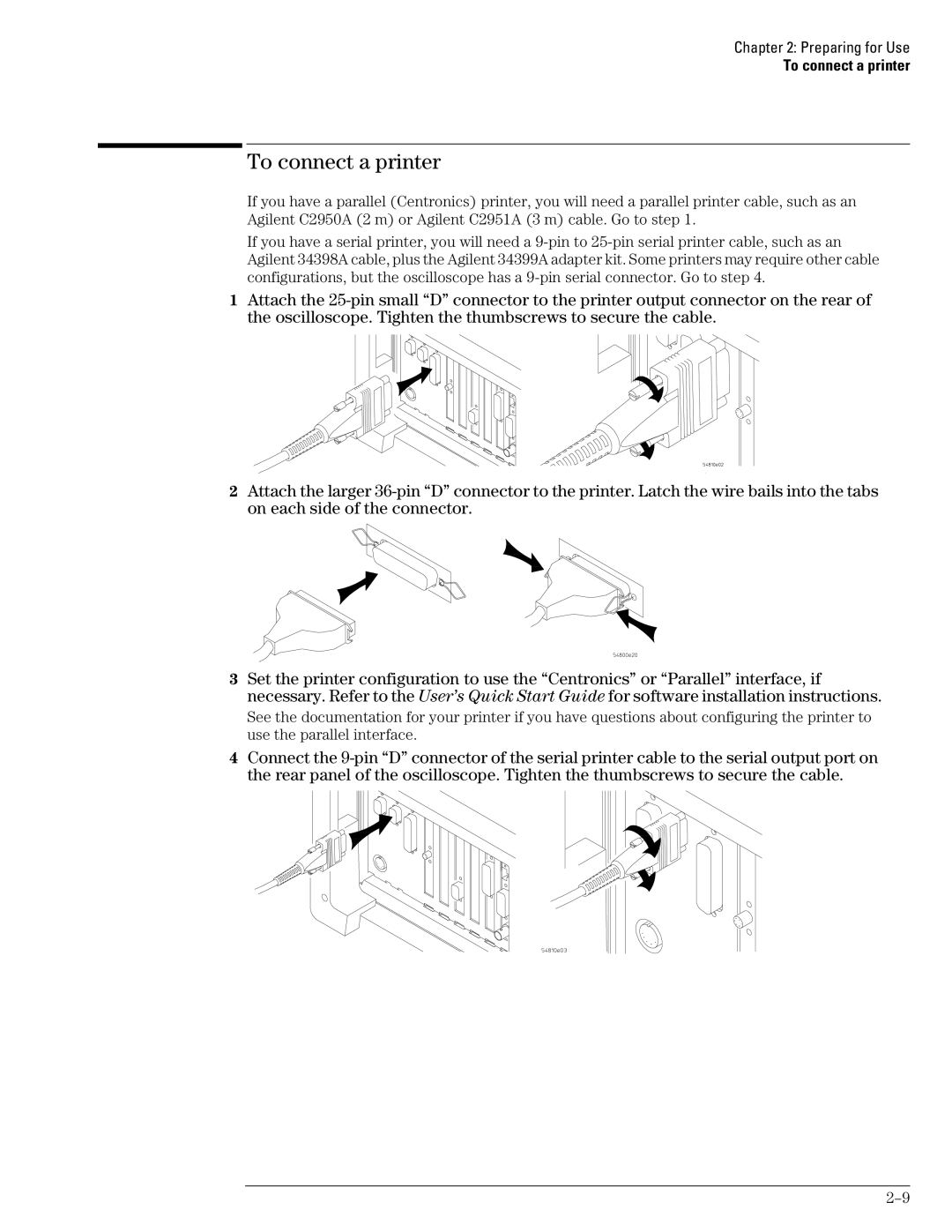 Agilent Technologies 54835A, 45A, 46A manual To connect a printer 