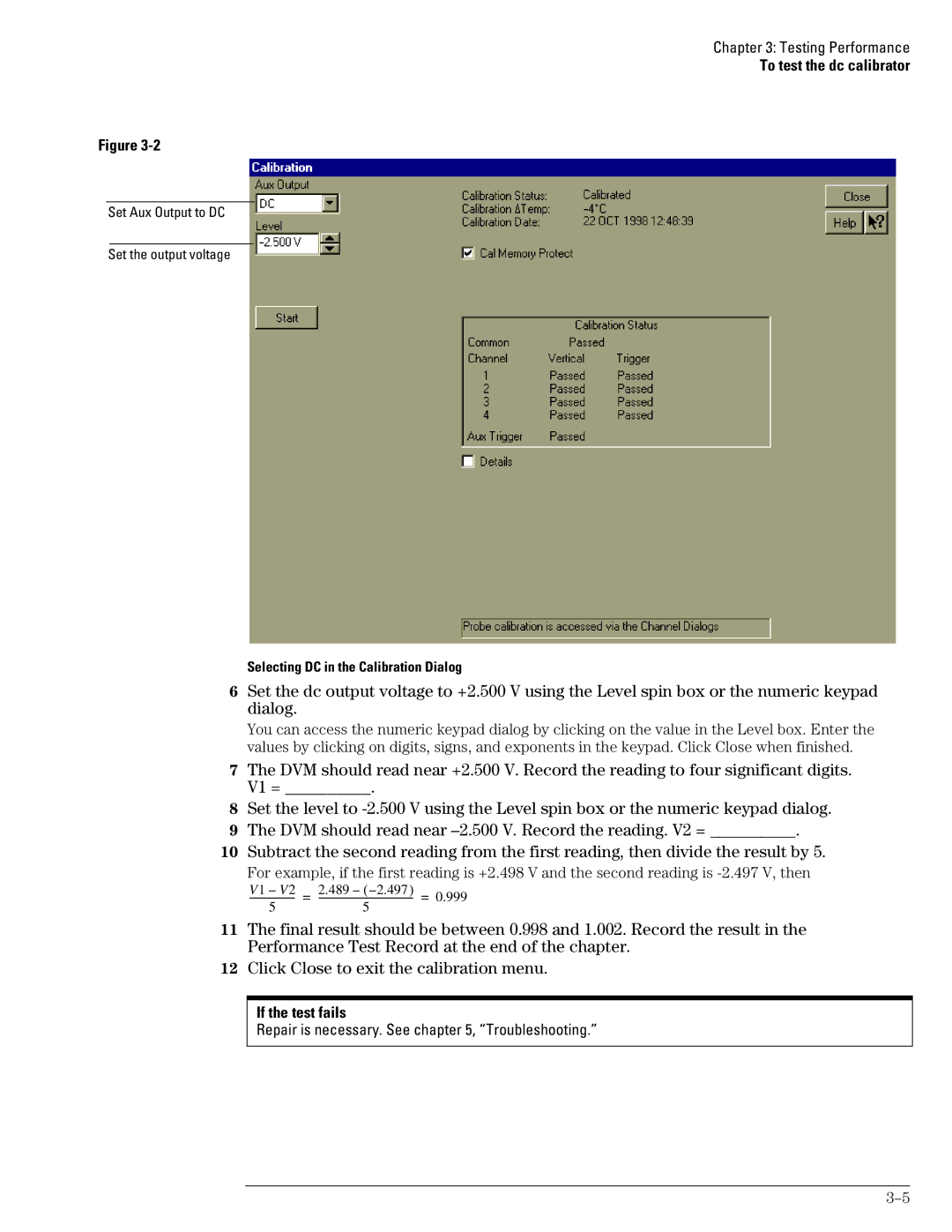 Agilent Technologies 45A, 46A, 54835A manual If the test fails, Set Aux Output to DC Set the output voltage 