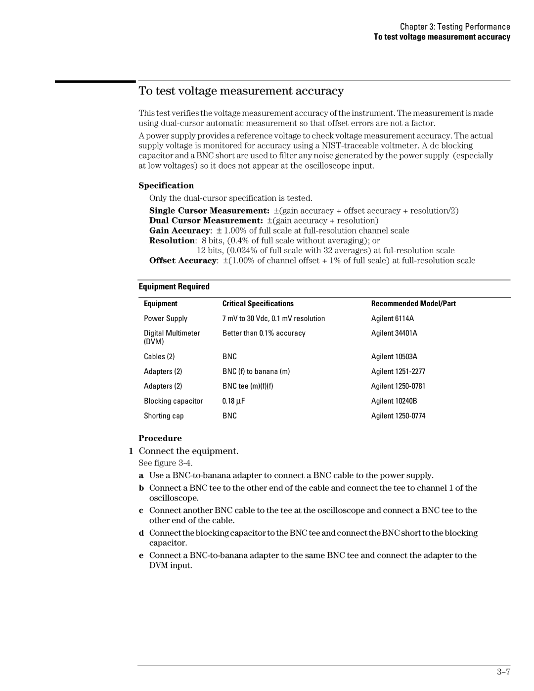 Agilent Technologies 54835A, 45A, 46A manual To test voltage measurement accuracy, Connect the equipment, Specification 