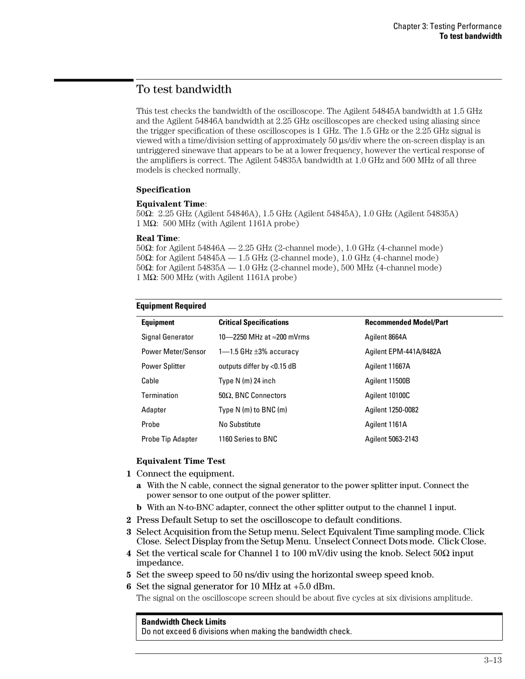 Agilent Technologies 54835A, 45A, 46A To test bandwidth, Specification Equivalent Time, Real Time, Equivalent Time Test 