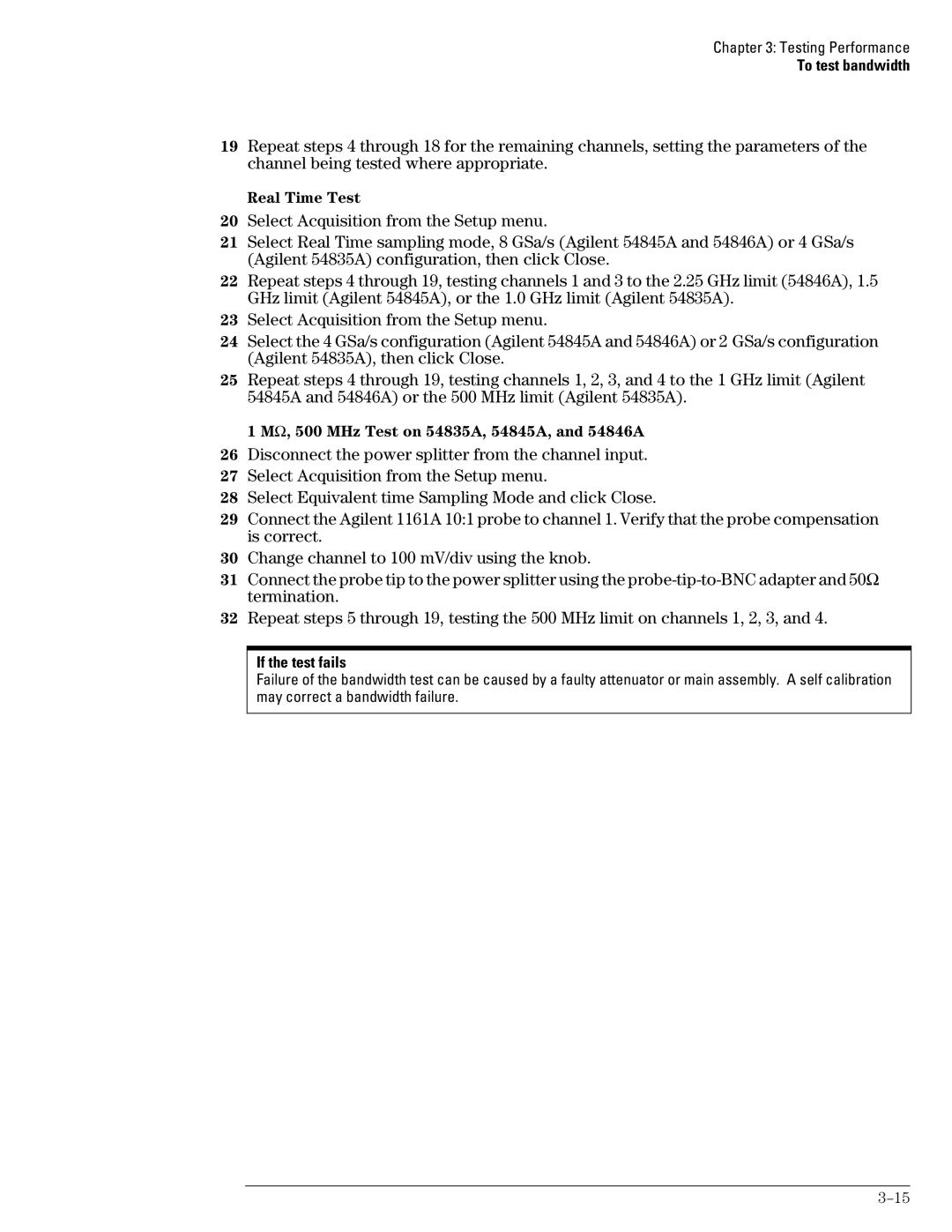 Agilent Technologies manual Real Time Test, MΩ, 500 MHz Test on 54835A, 54845A, and 54846A 