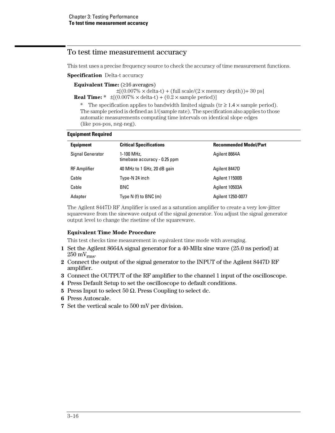 Agilent Technologies 54835A, 45A, 46A manual To test time measurement accuracy, Equivalent Time ≥16 averages 