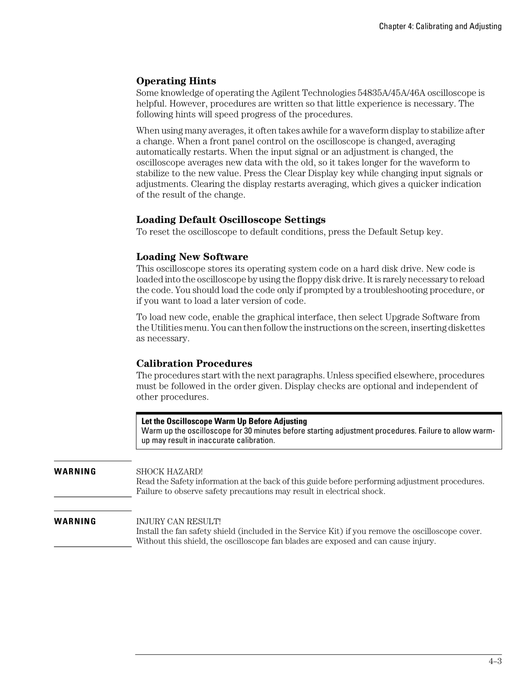 Agilent Technologies 54835A, 45A, 46A manual Loading New Software, Let the Oscilloscope Warm Up Before Adjusting 