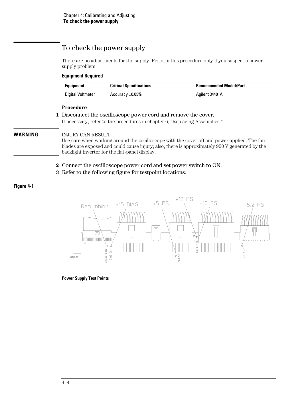 Agilent Technologies 45A, 46A manual To check the power supply, Disconnect the oscilloscope power cord and remove the cover 