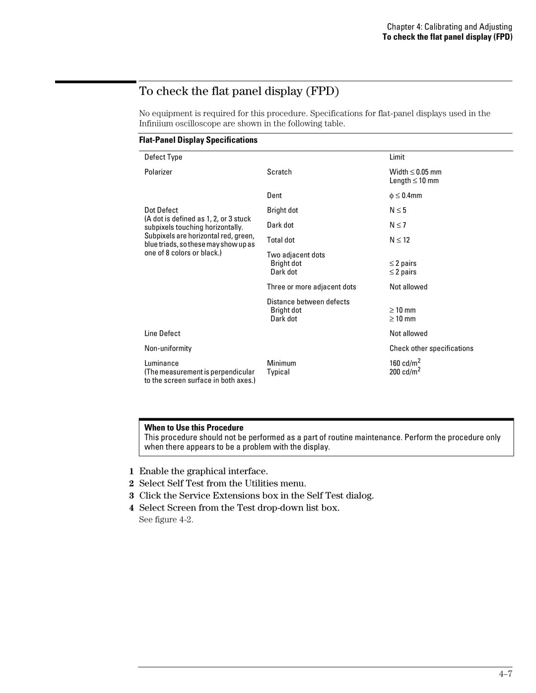 Agilent Technologies 45A, 46A, 54835A manual To check the flat panel display FPD, Flat-Panel Display Specifications 