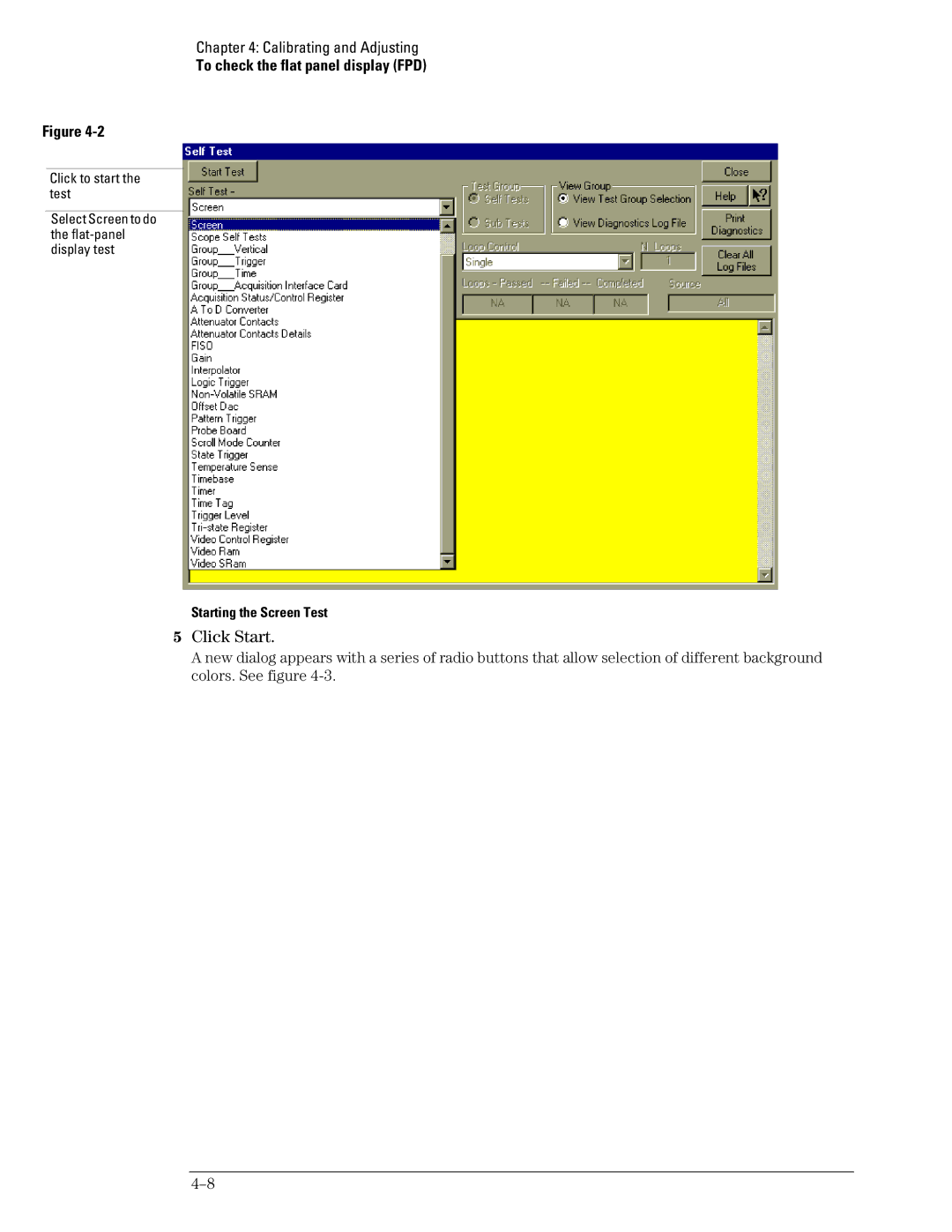 Agilent Technologies 46A, 45A, 54835A manual Click Start, Starting the Screen Test 