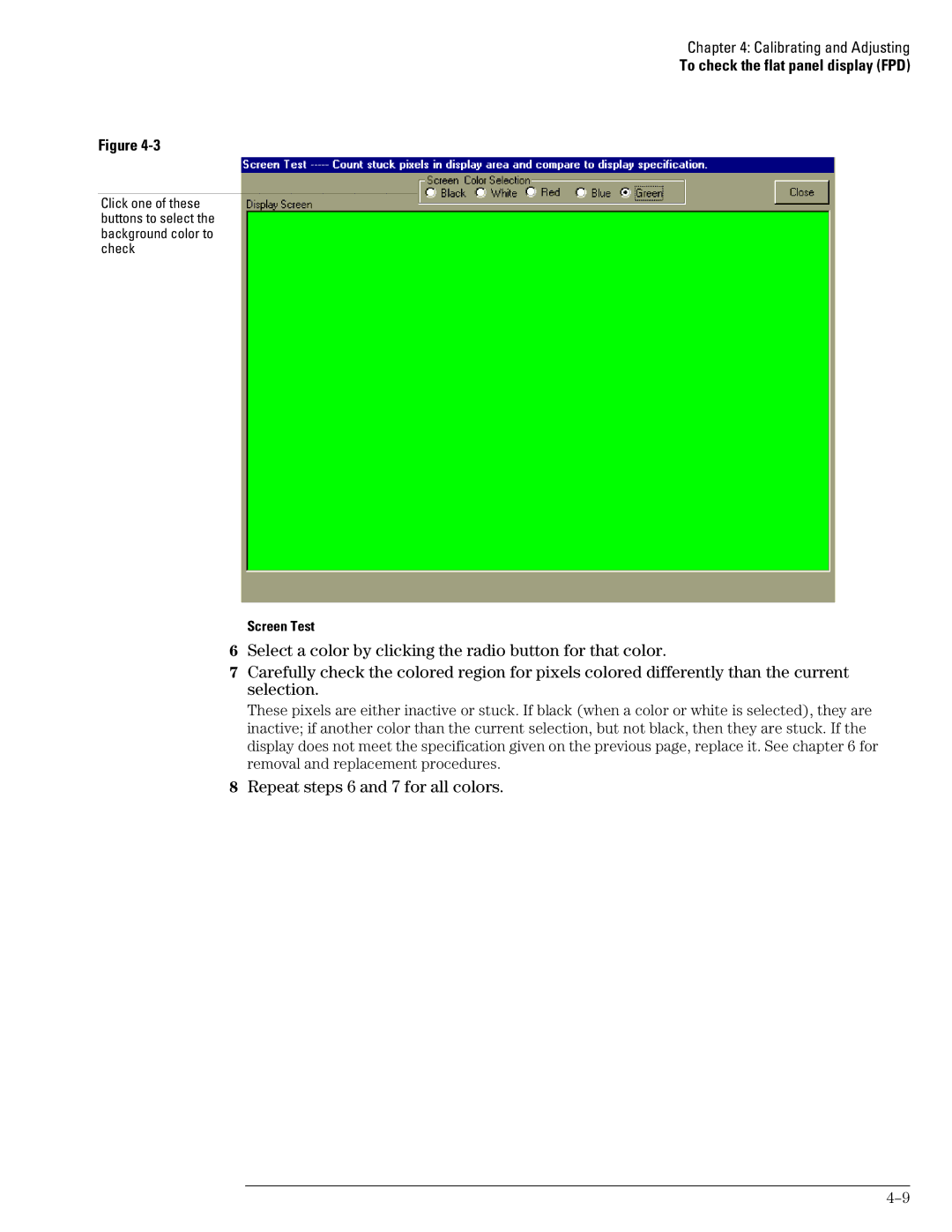 Agilent Technologies 54835A, 45A, 46A manual Repeat steps 6 and 7 for all colors, Screen Test 