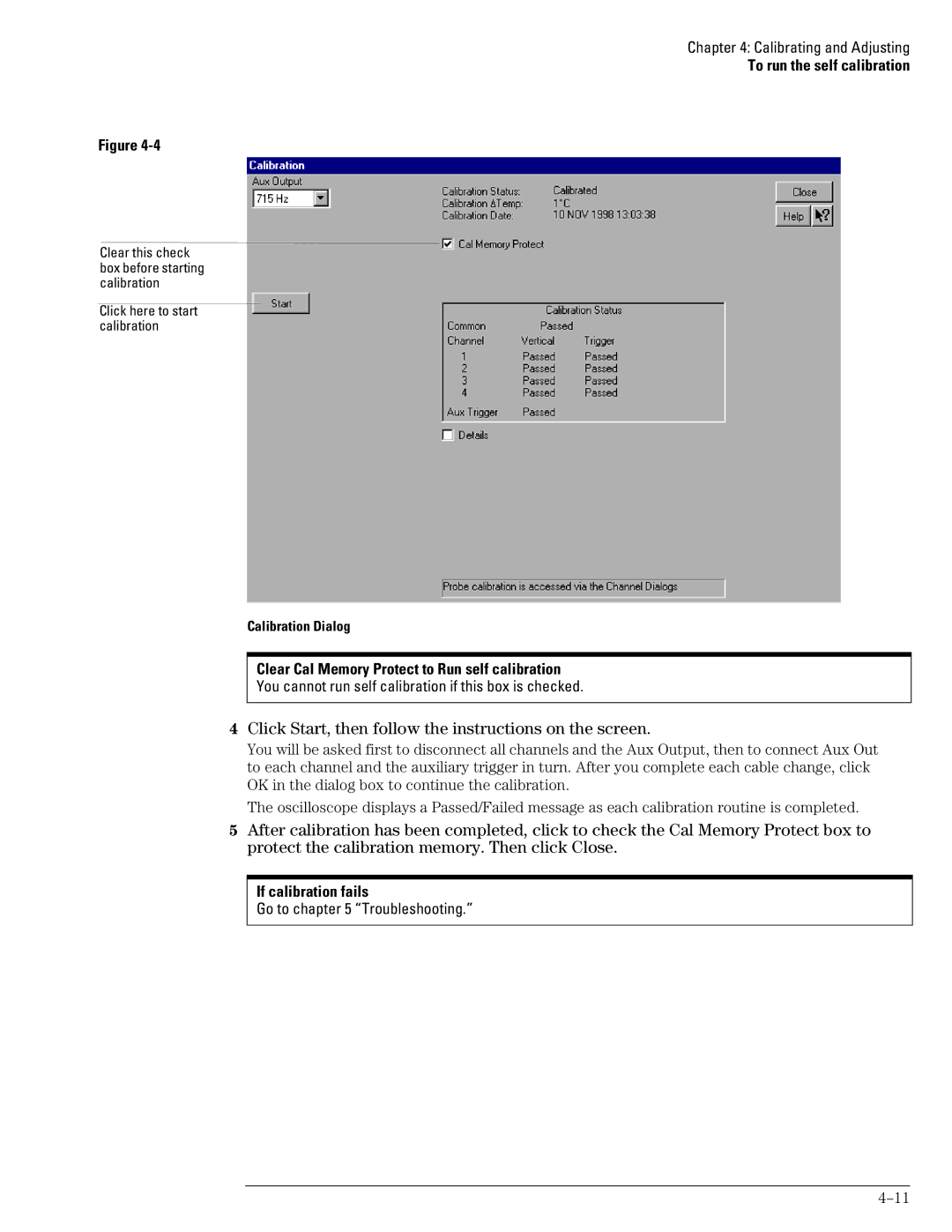 Agilent Technologies 46A Click Start, then follow the instructions on the screen, If calibration fails, Calibration Dialog 