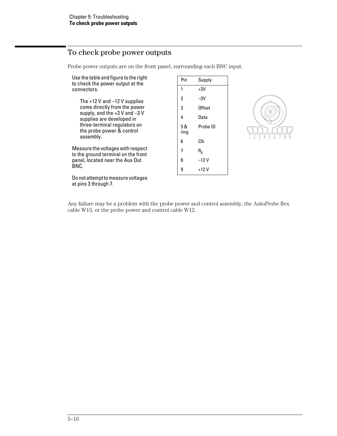 Agilent Technologies 45A, 46A, 54835A manual To check probe power outputs, Pin Supply +3V Offset Data Probe ID Ring Clk +12 
