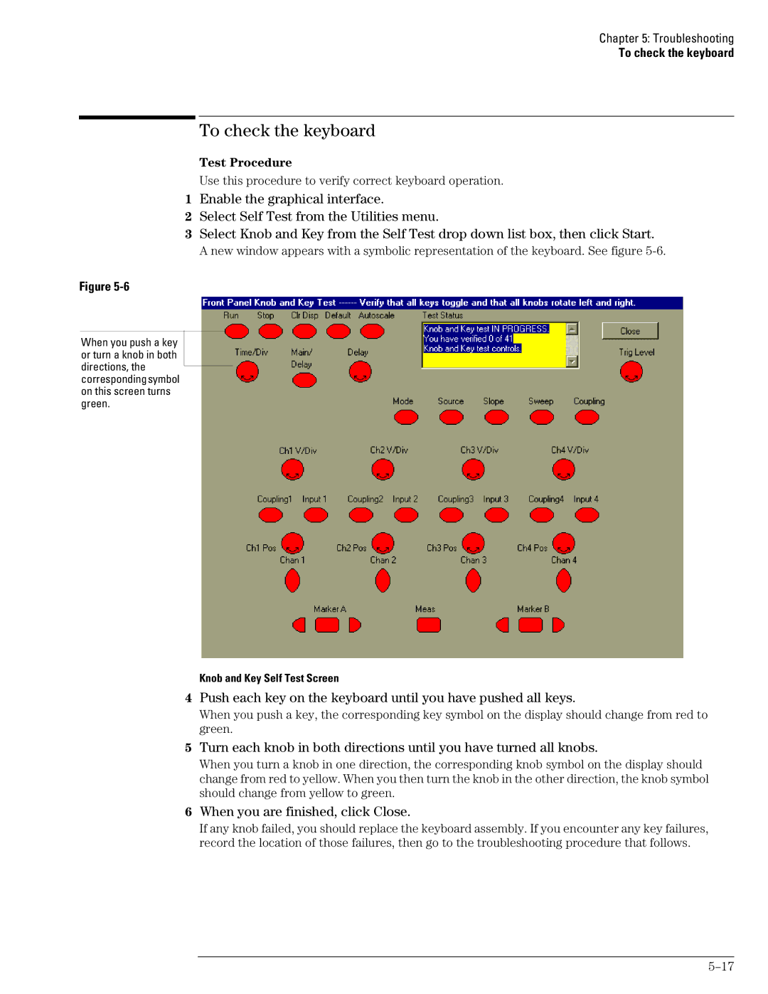 Agilent Technologies 46A, 45A, 54835A manual To check the keyboard, When you are finished, click Close, Test Procedure 