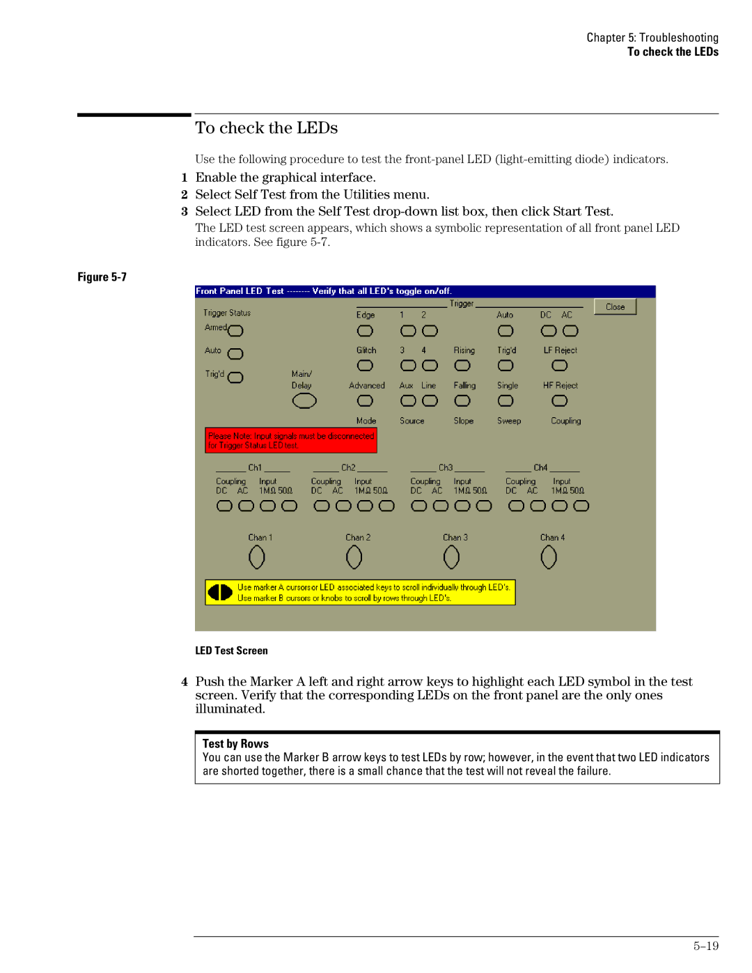 Agilent Technologies 45A, 46A, 54835A manual To check the LEDs, Test by Rows, LED Test Screen 