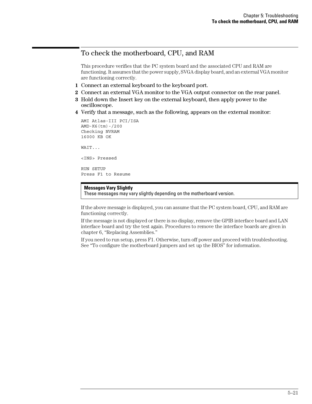 Agilent Technologies 54835A, 45A, 46A manual To check the motherboard, CPU, and RAM, Messages Vary Slightly 