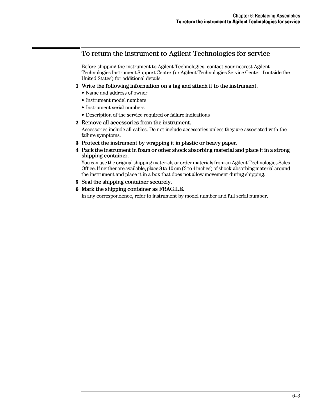 Agilent Technologies 54835A, 45A, 46A manual To return the instrument to Agilent Technologies for service 