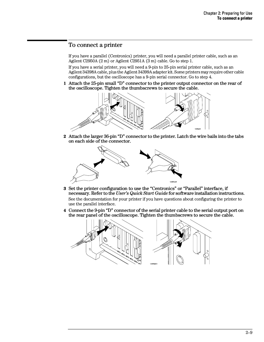Agilent Technologies 54835A, 45A, 46A manual To connect a printer 