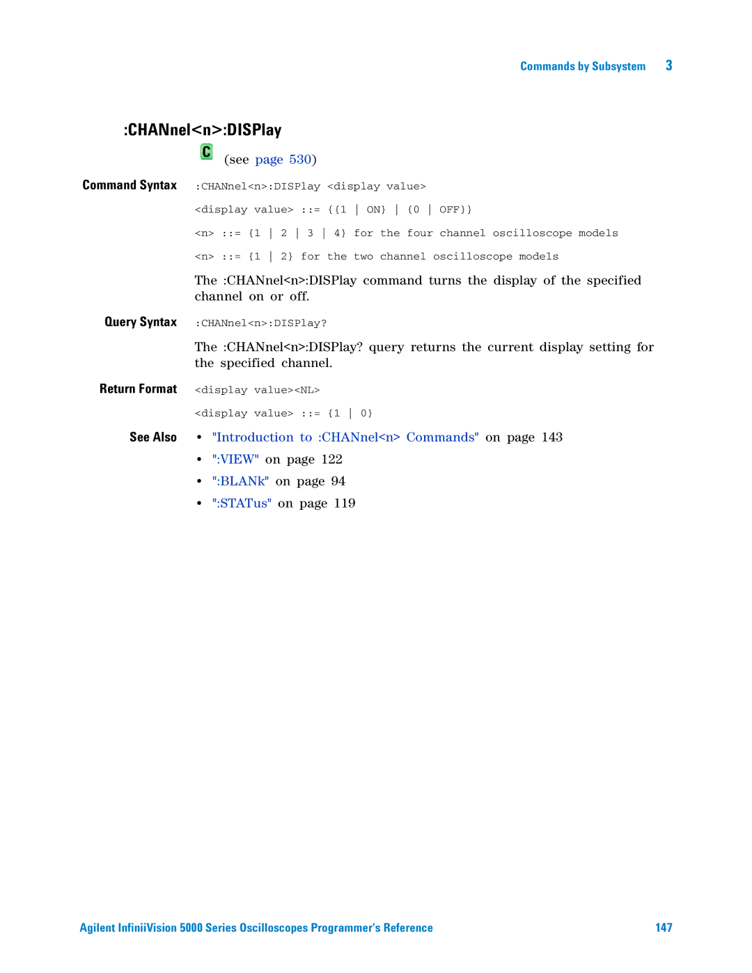 Agilent Technologies 5000 Series manual CHANnelnDISPlay, View on BLANk on STATus on 