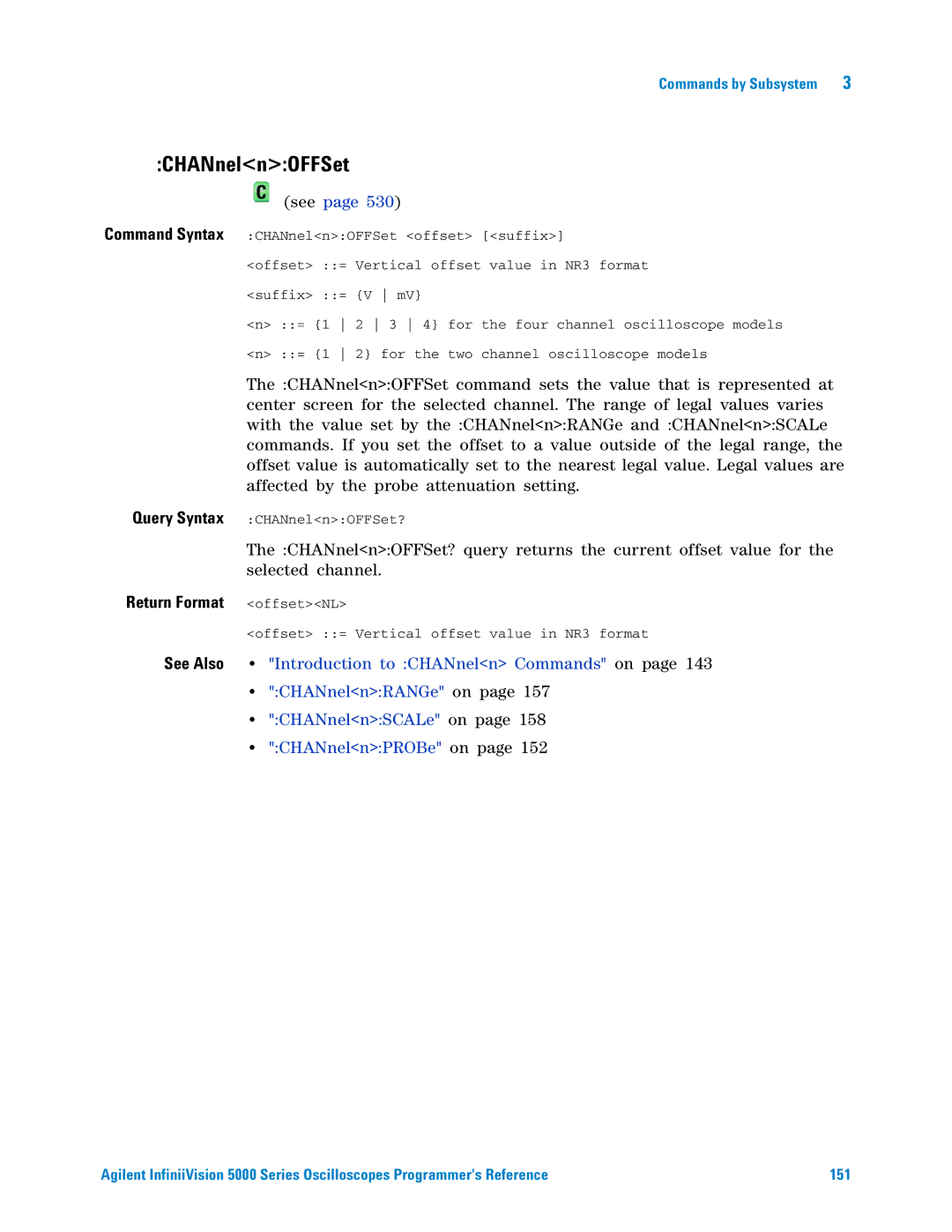 Agilent Technologies 5000 Series manual CHANnelnOFFSet, Return Format offsetNL 