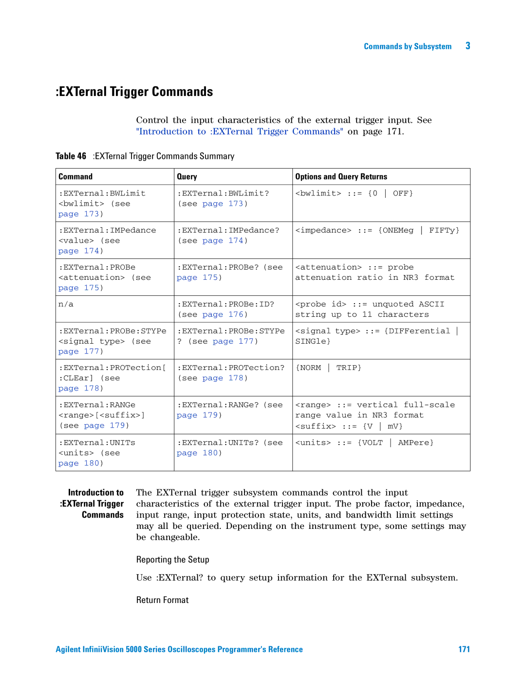 Agilent Technologies 5000 Series manual EXTernal Trigger Commands Summary 