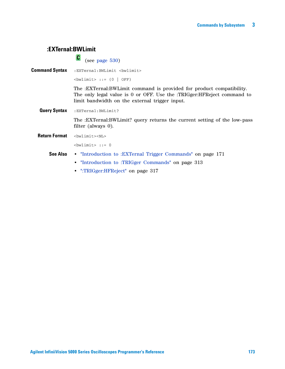 Agilent Technologies 5000 Series manual EXTernalBWLimit, Introduction to EXTernal Trigger Commands on, TRIGgerHFReject on 