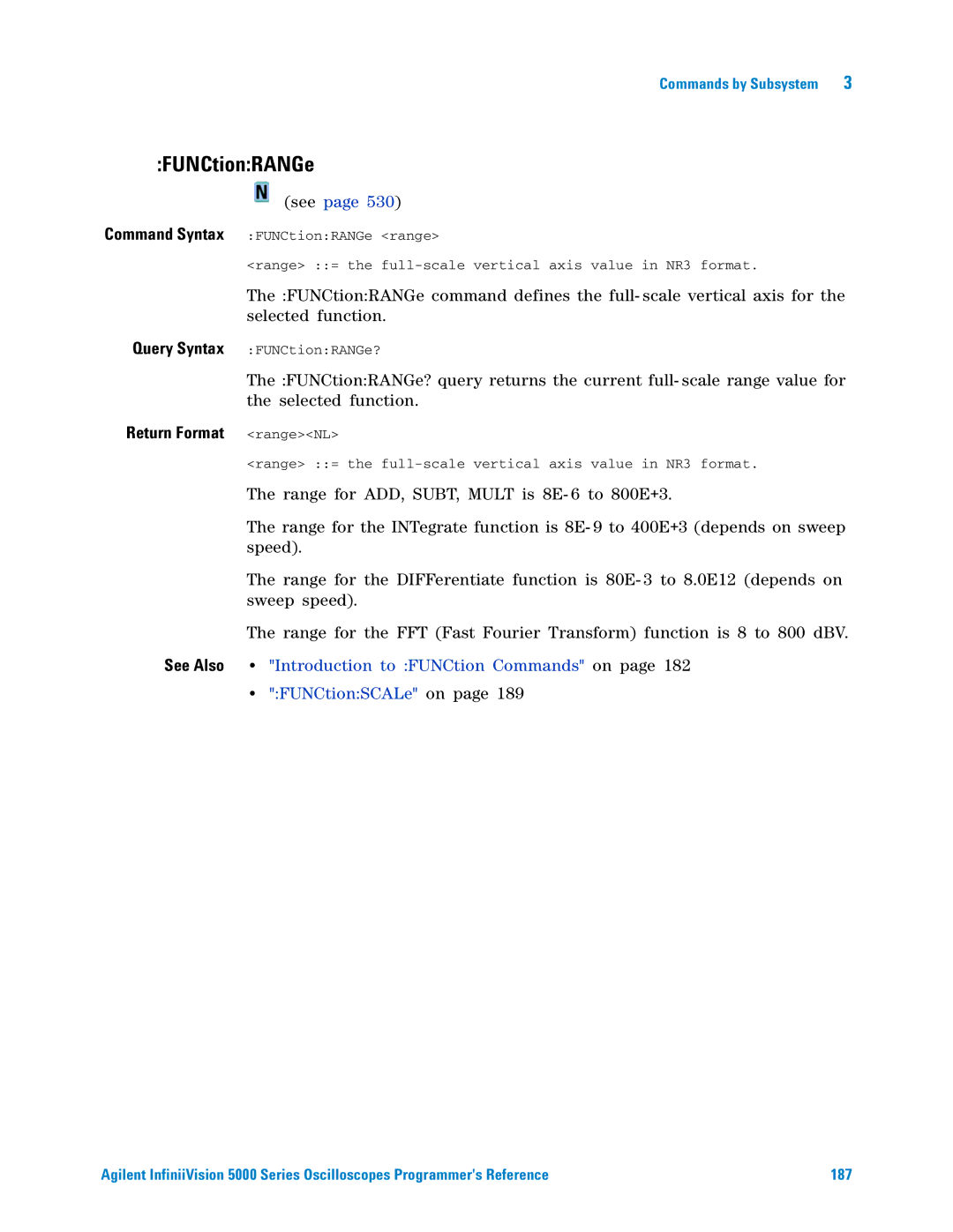 Agilent Technologies 5000 Series manual FUNCtionRANGe, Return Format rangeNL 