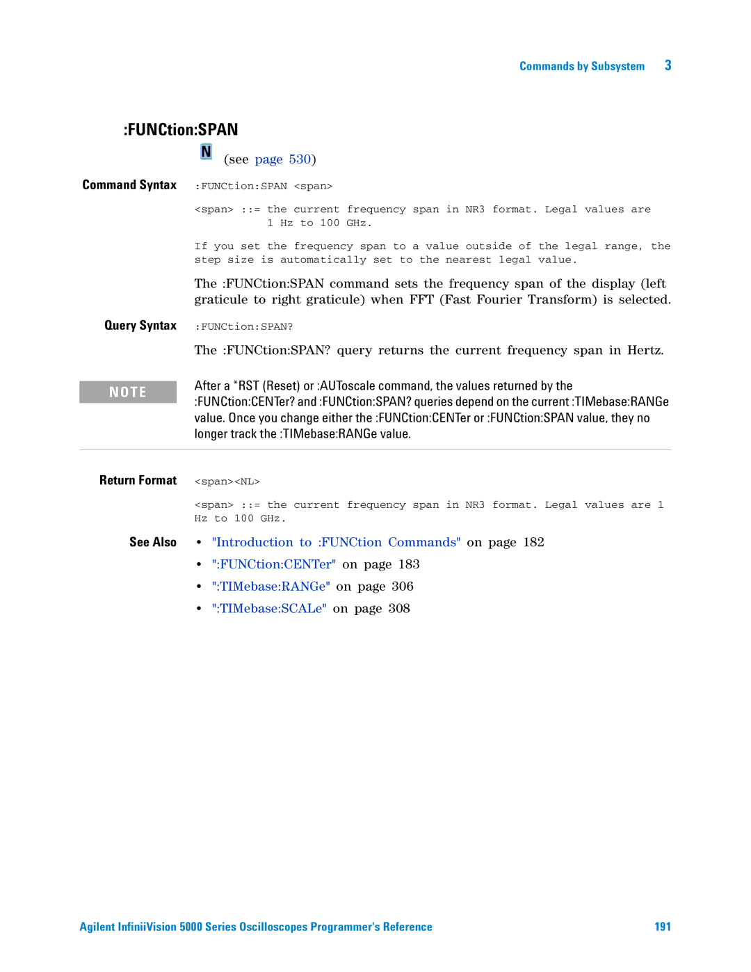 Agilent Technologies 5000 Series manual FUNCtionSPAN, Return Format spanNL 