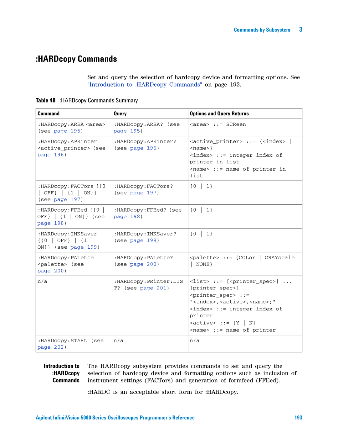 Agilent Technologies 5000 Series manual HARDcopy Commands Summary 