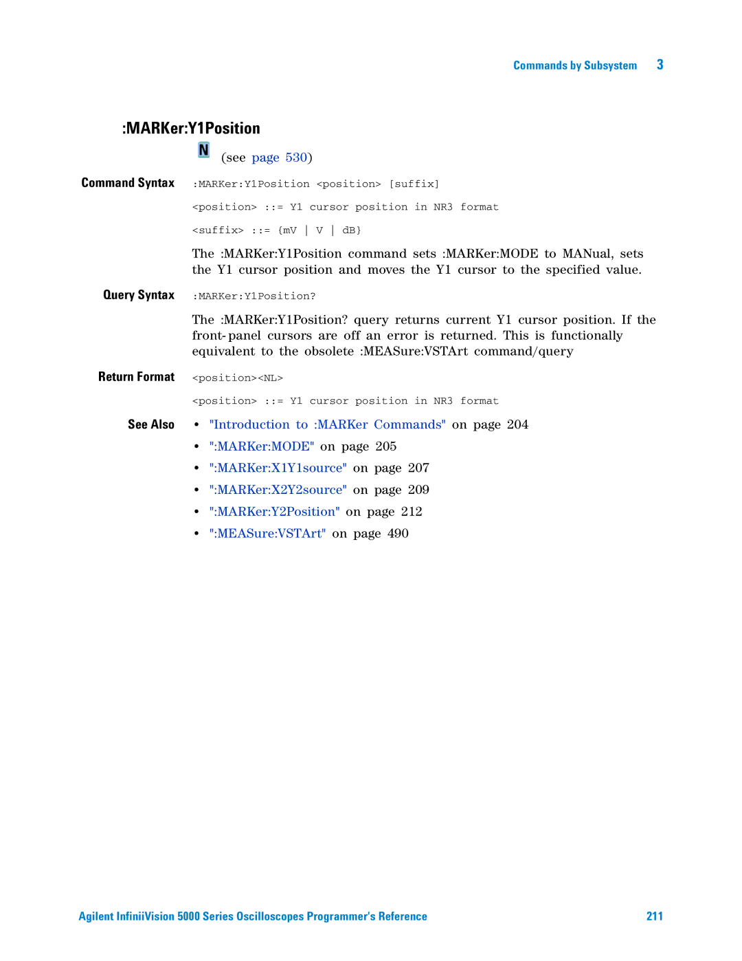 Agilent Technologies 5000 Series manual MARKerY1Position, Return Format positionNL 