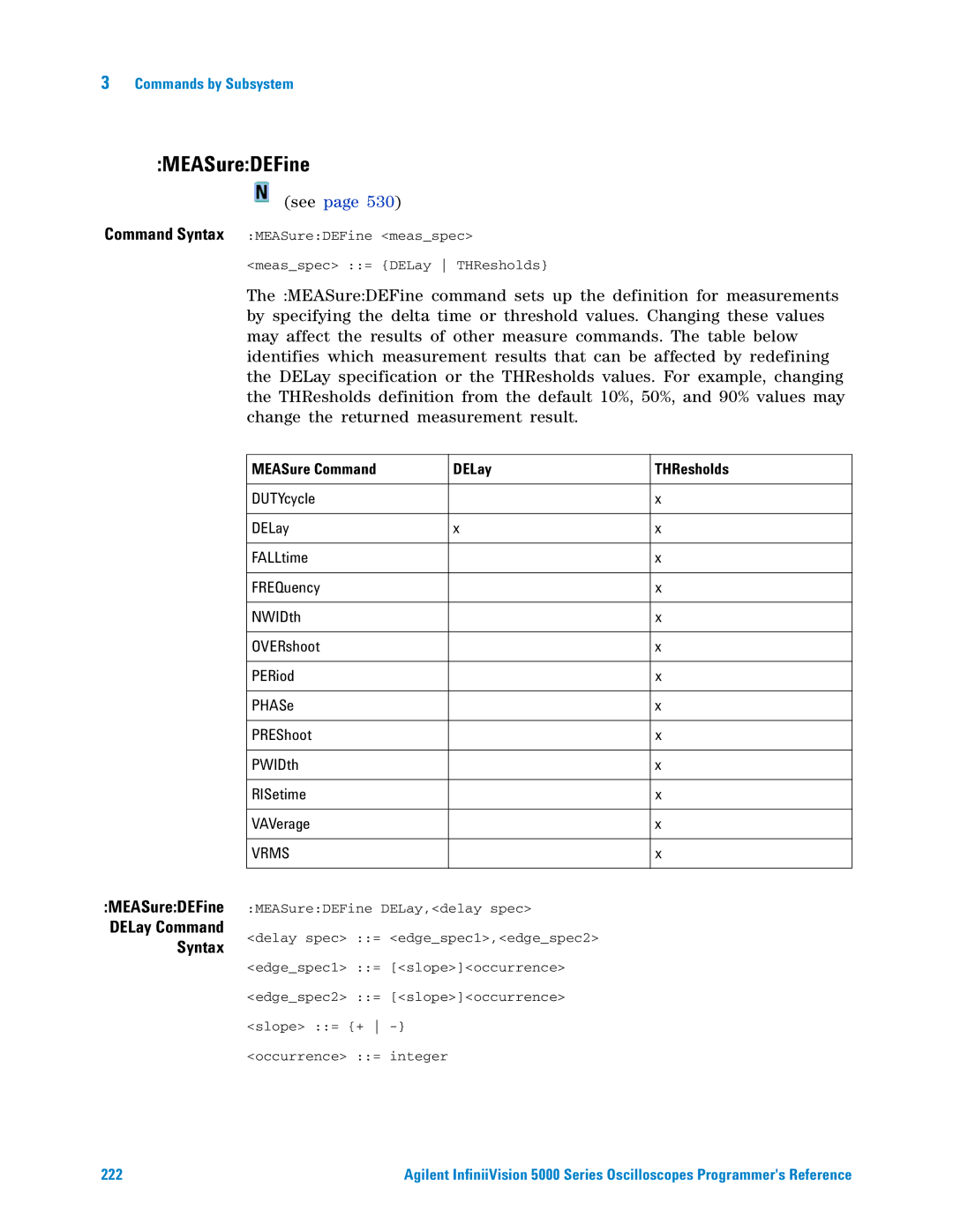 Agilent Technologies 5000 Series manual MEASureDEFine, MEASure Command DELay THResholds 