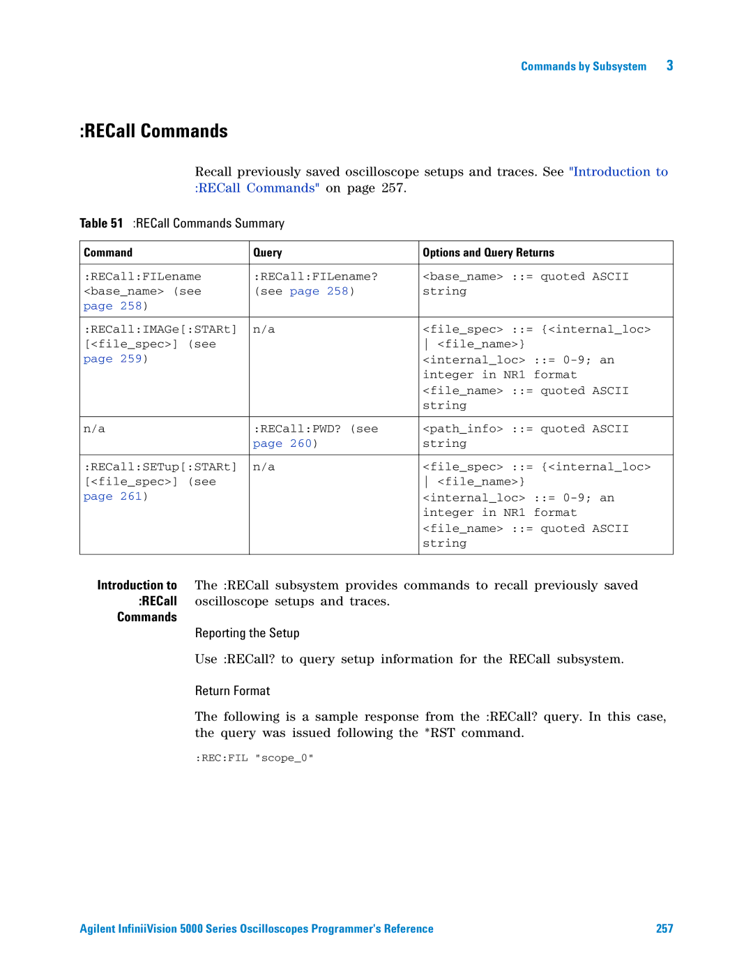 Agilent Technologies 5000 Series manual RECall Commands Summary 