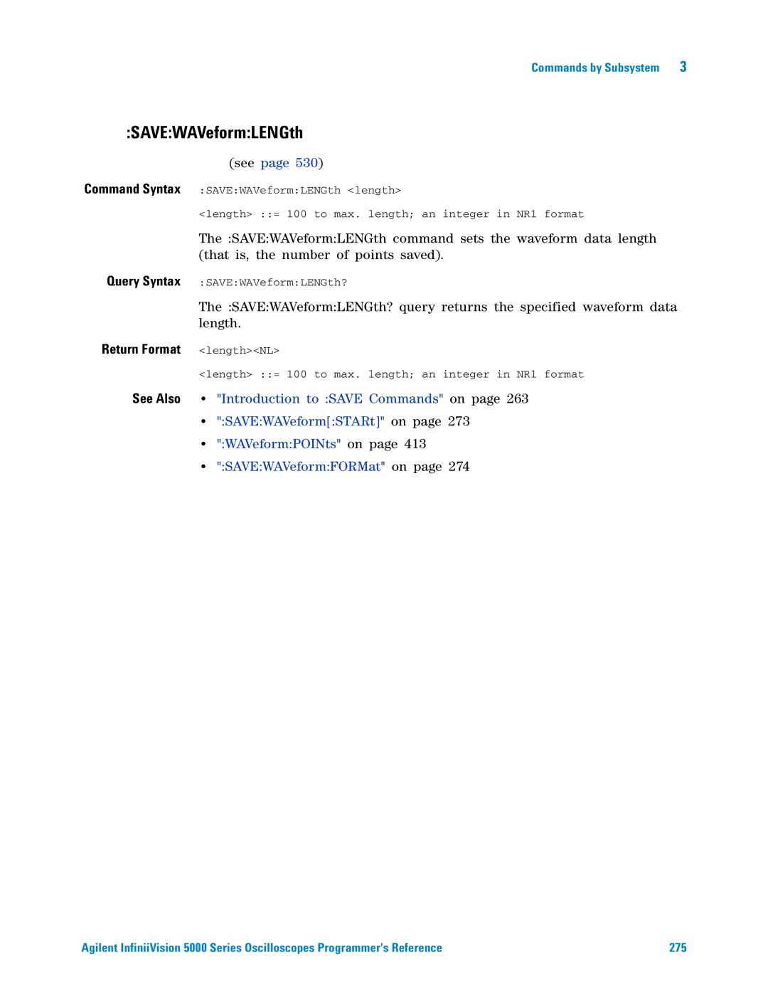 Agilent Technologies 5000 Series manual SAVEWAVeformLENGth, Return Format lengthNL 