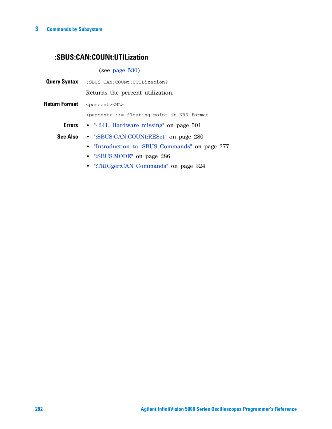 Agilent Technologies 5000 Series manual SBUSCANCOUNtUTILization, Errors, 241, Hardware missing on, SBUSCANCOUNtRESet on 