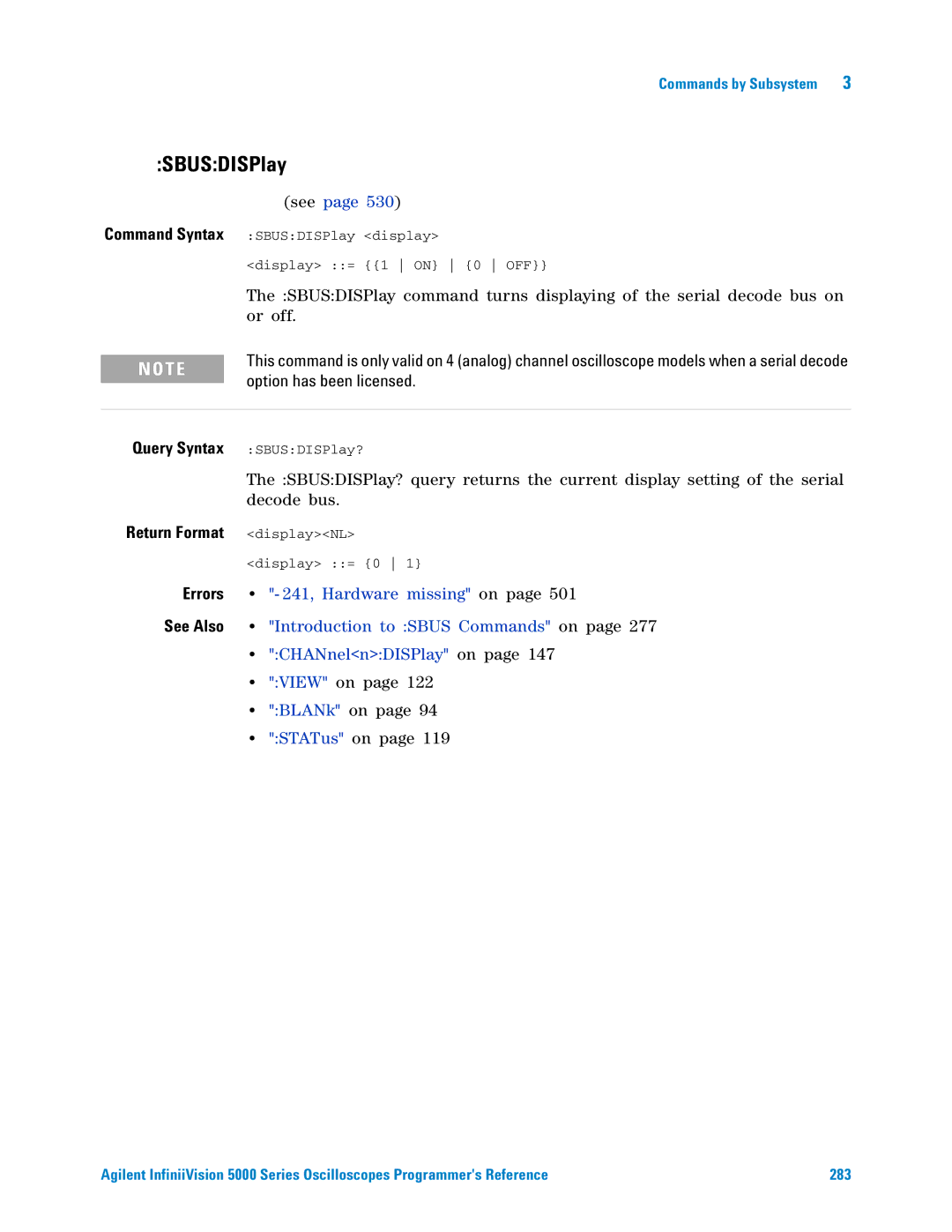 Agilent Technologies 5000 Series manual SBUSDISPlay, Command Syntax 