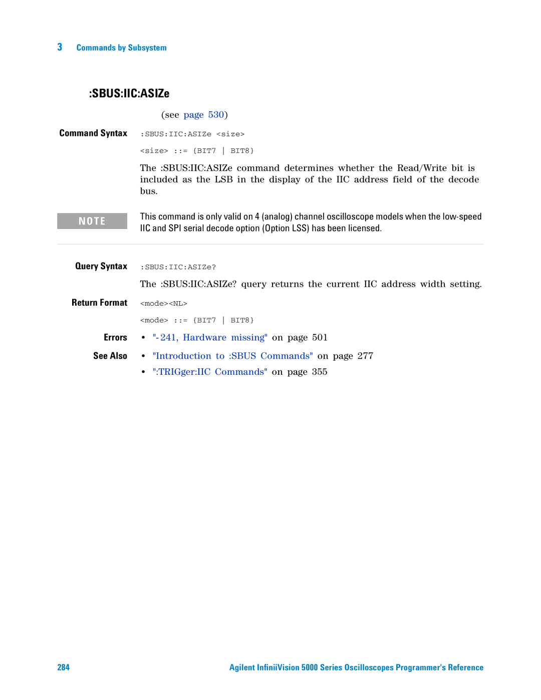 Agilent Technologies 5000 Series manual SBUSIICASIZe, TRIGgerIIC Commands on 