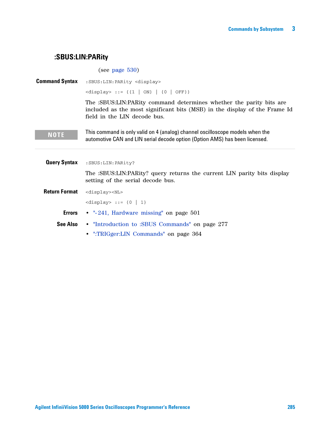 Agilent Technologies 5000 Series manual SBUSLINPARity, TRIGgerLIN Commands on 