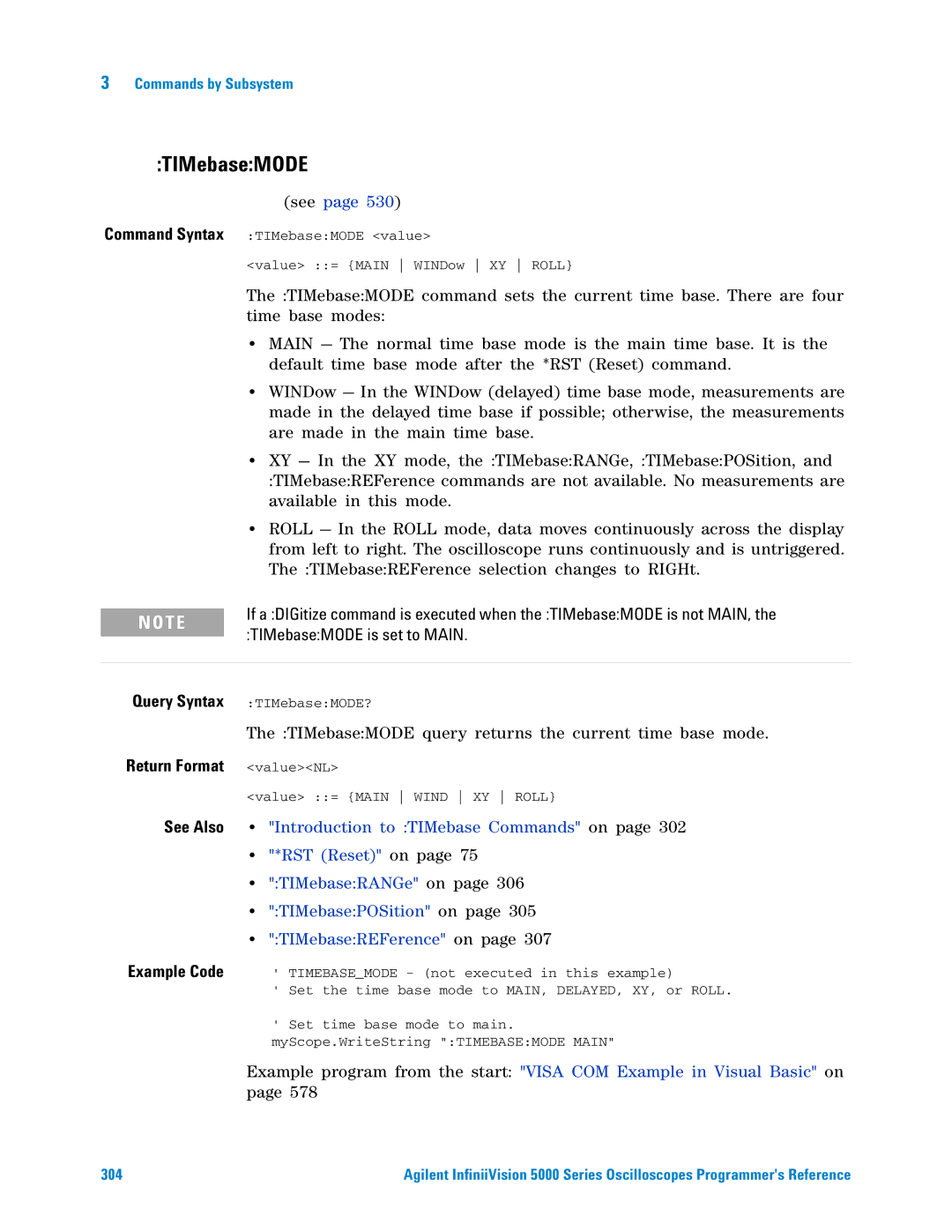 Agilent Technologies 5000 Series TIMebaseMODE, Introduction to TIMebase Commands on, RST Reset on, TIMebasePOSition on 
