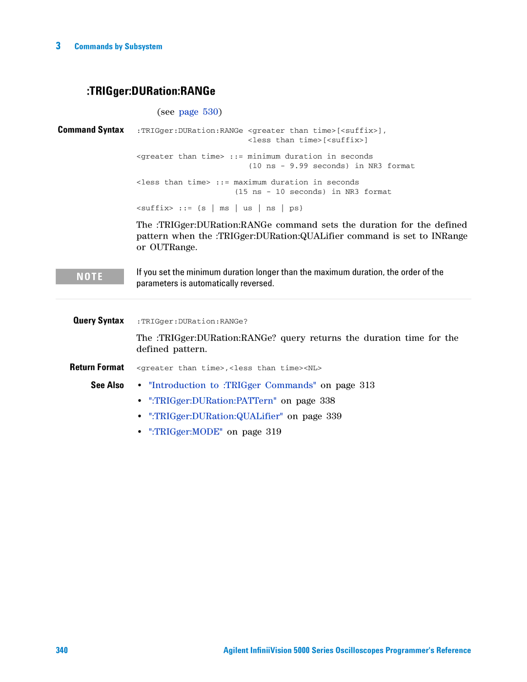 Agilent Technologies 5000 Series manual TRIGgerDURationRANGe, Command Syntax 