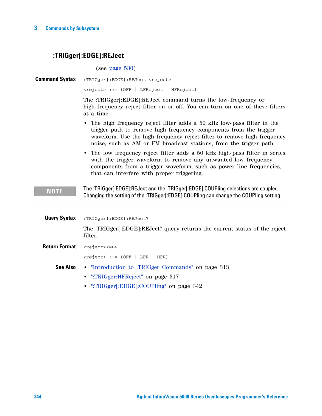 Agilent Technologies 5000 Series manual TRIGgerEDGEREJect, TRIGgerEDGECOUPling on 