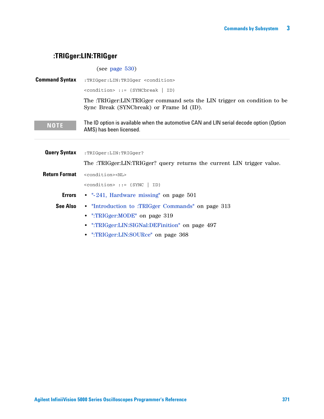 Agilent Technologies 5000 Series manual TRIGgerLINTRIGger, Command Syntax 