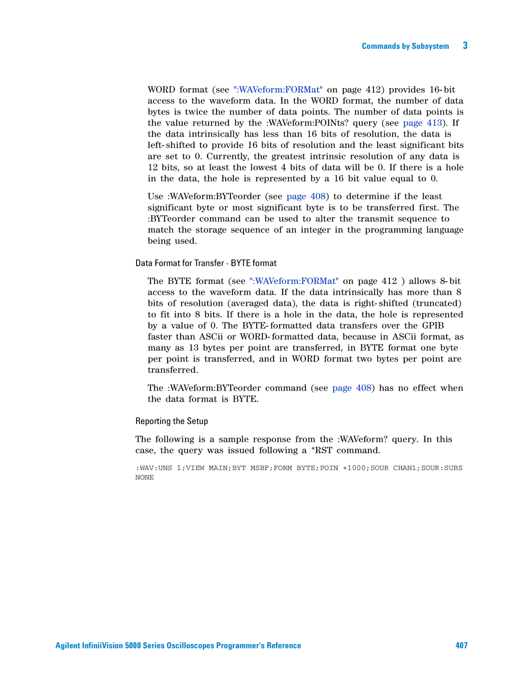 Agilent Technologies 5000 Series manual Data Format for Transfer Byte format, Reporting the Setup 