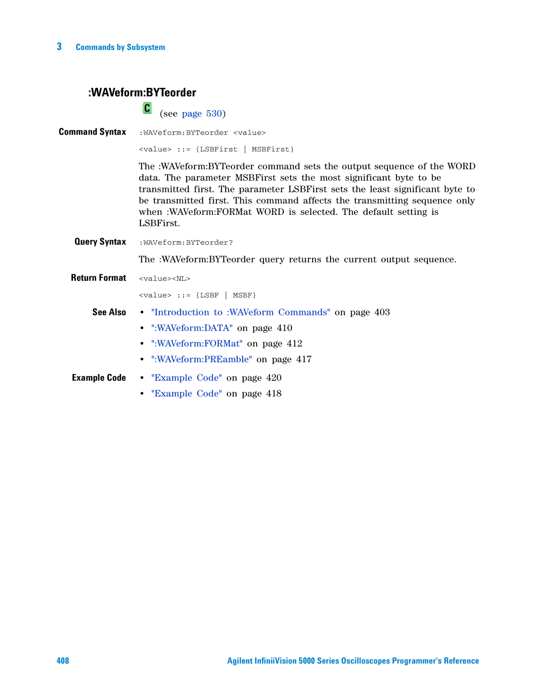 Agilent Technologies 5000 Series manual WAVeformBYTeorder, Introduction to WAVeform Commands on, WAVeformDATA on 