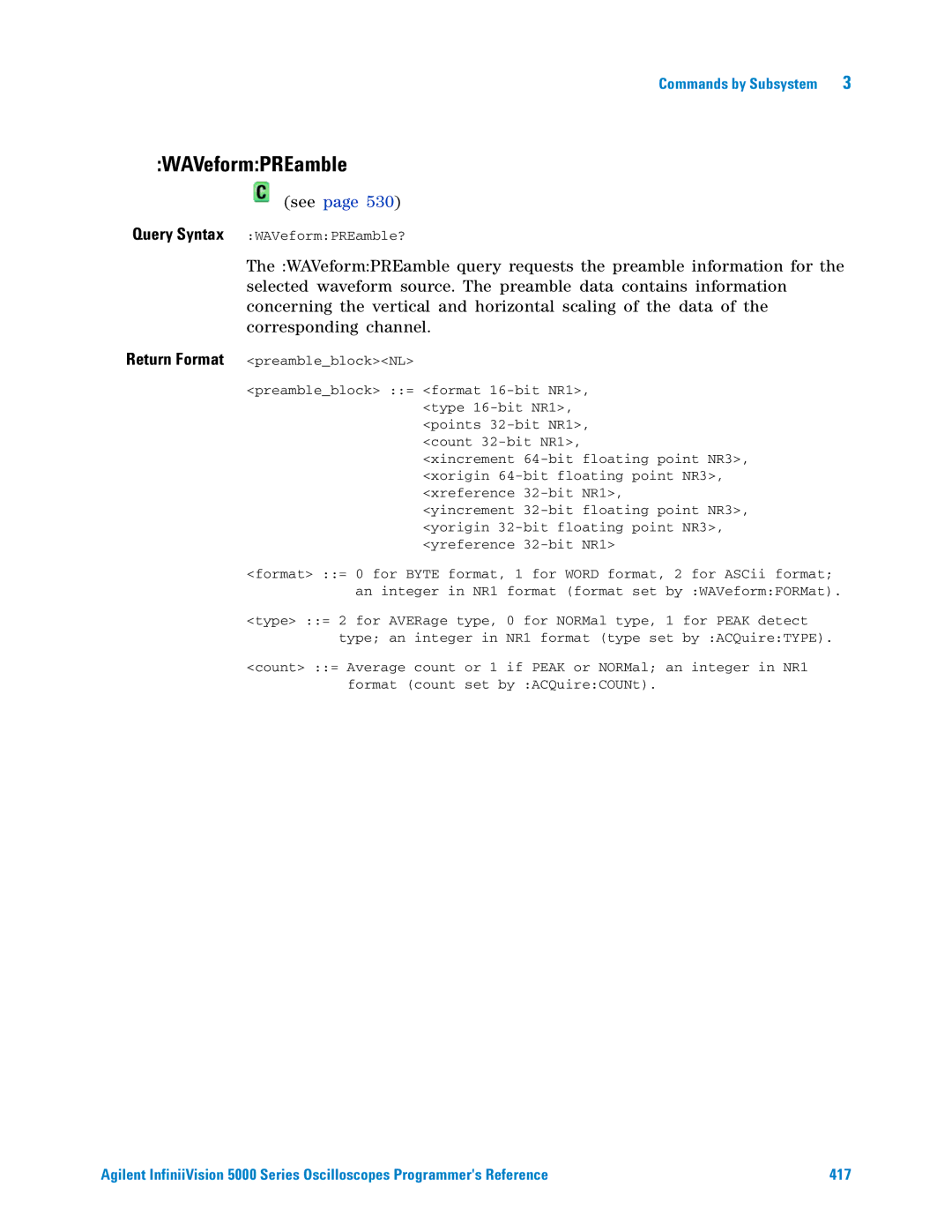 Agilent Technologies 5000 Series manual WAVeformPREamble 