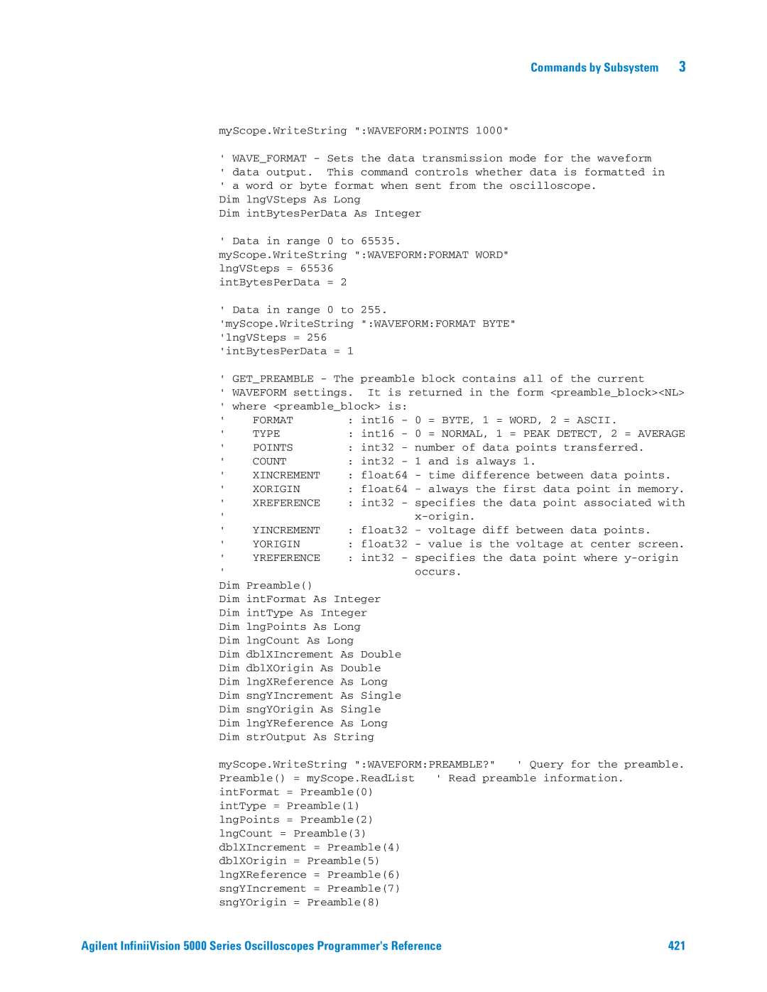 Agilent Technologies 5000 Series manual Int16 0 = Byte = WORD, 2 = Ascii 