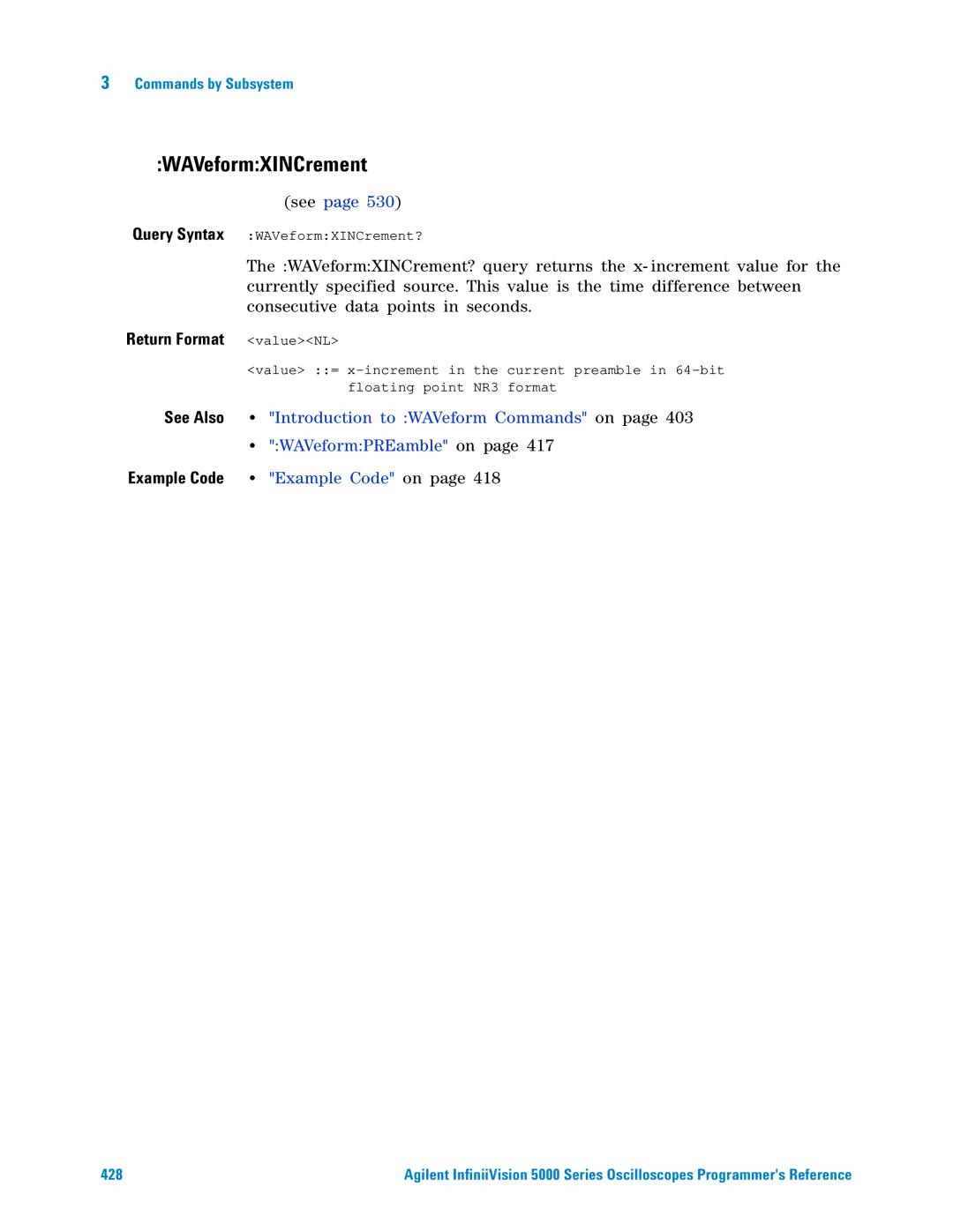 Agilent Technologies 5000 Series manual WAVeformXINCrement, WAVeformPREamble on Example Code Example Code on 