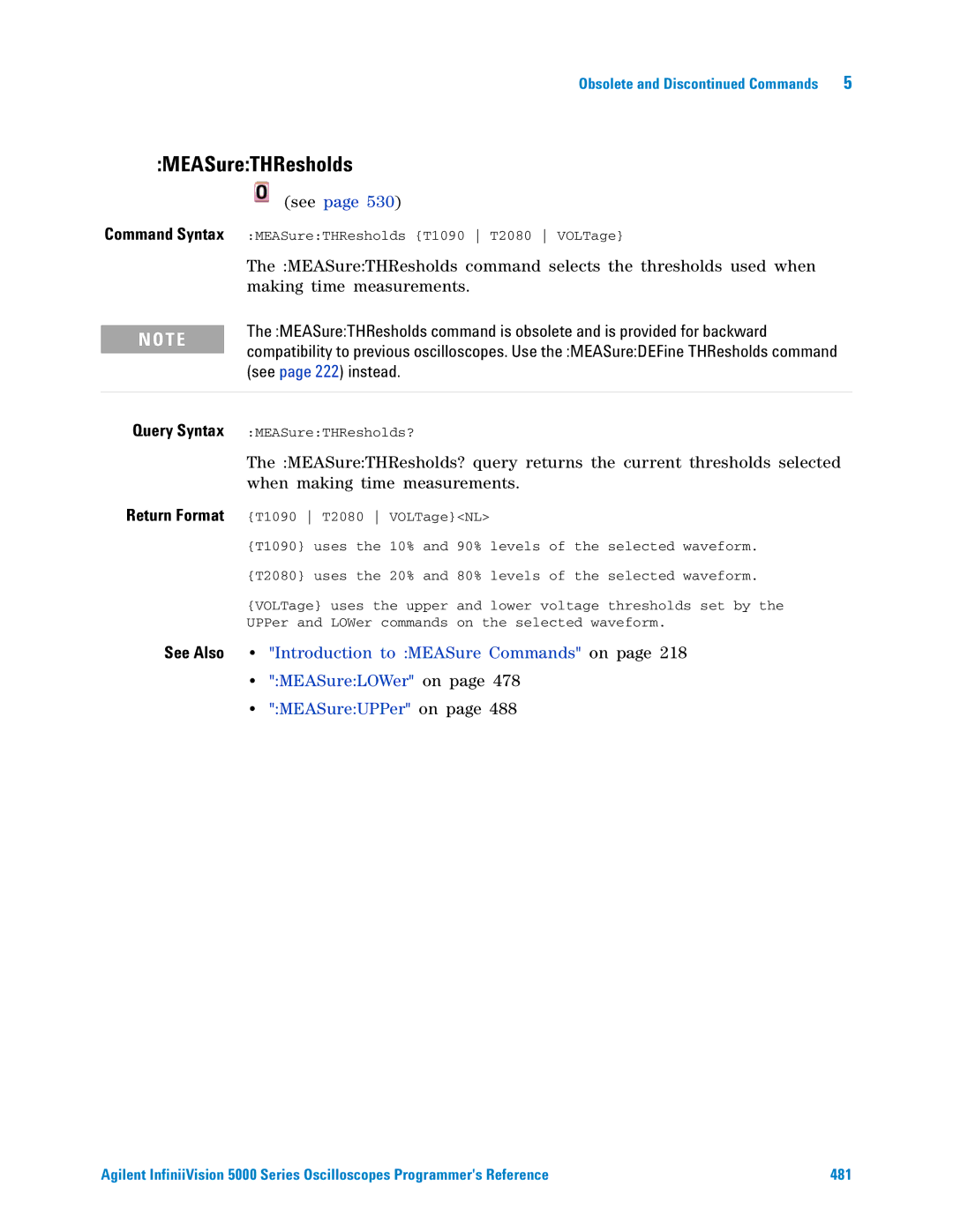 Agilent Technologies 5000 Series manual MEASureTHResholds, See page 222 instead 